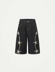 Unisex Retro Star Embroidered Denim Shorts – Loose Straight-Leg Casual 5/4 Jeans