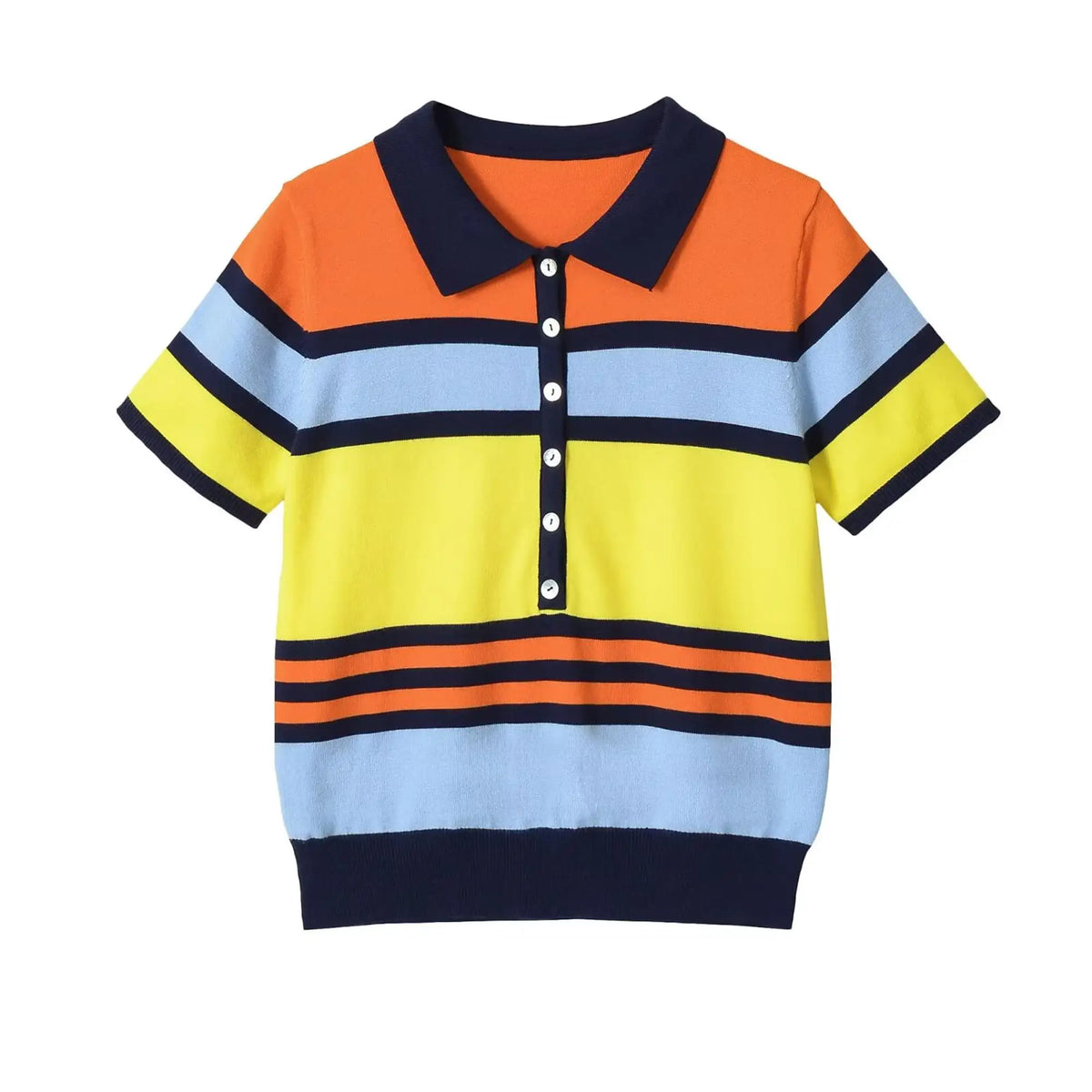 Women’s Striped Knitted Polo Shirt – Colorful Short Sleeve Summer Pullover Top