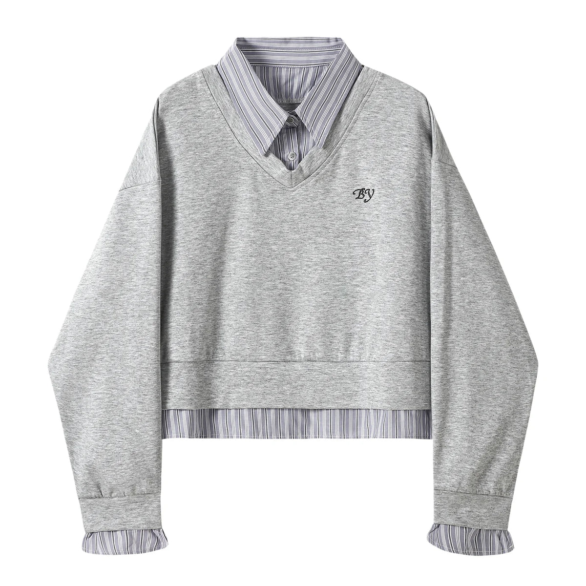 Women’s Stripe Patchwork Sweatshirt – Loose Fit Shirt Collar Fake Two-Piece Casual Top