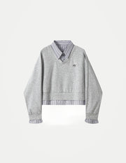 Women’s Stripe Patchwork Sweatshirt – Loose Fit Shirt Collar Fake Two-Piece Casual Top