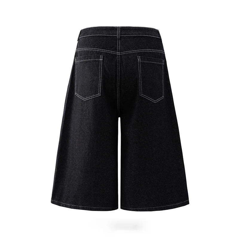 BTNY Men’s Flame Print Jorts – American Retro Wide-Leg Loose-Fit Denim Shorts, Cropped Summer Streetwear