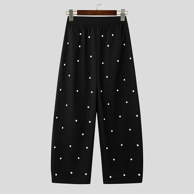 INCERUN Men’s Pearl Detail Straight-Leg Trousers – Korean Style Solid Pants | Party & Streetwear