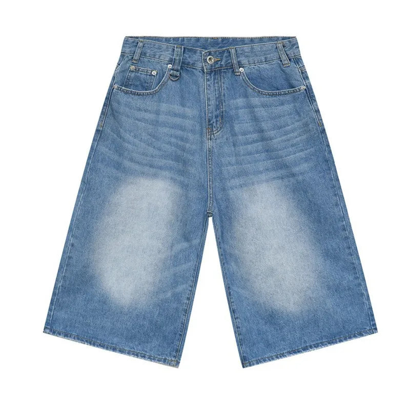 IEFB Men’s Vintage Wide-Leg Denim Shorts – Loose Fit Washed Knee-Length Jeans | Korean Summer Streetwear