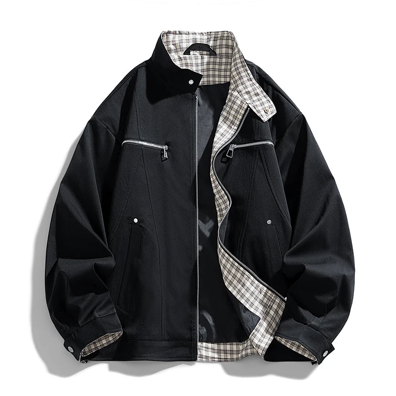 Men’s Stand Collar Jacket – Loose-Fit Solid Color Zip-Up Windbreaker, Casual Streetwear Outerwear