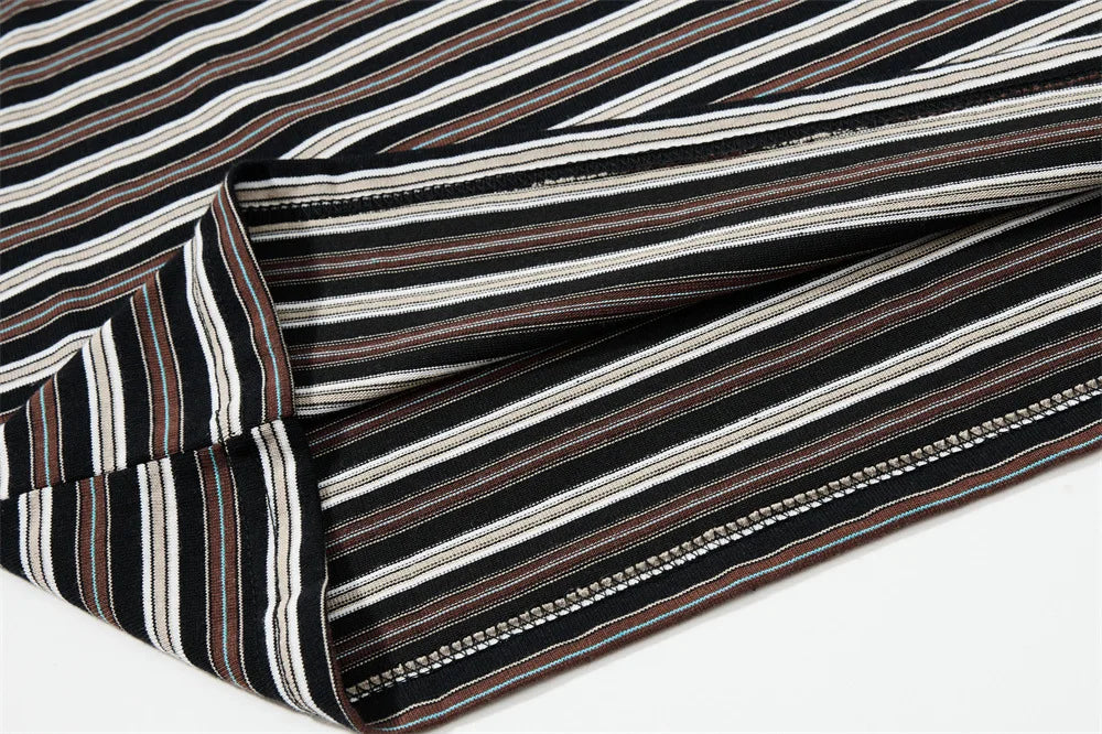 Men’s Striped Faux Two-Piece T-Shirt – Loose Fit Long Sleeve American Streetwear Top