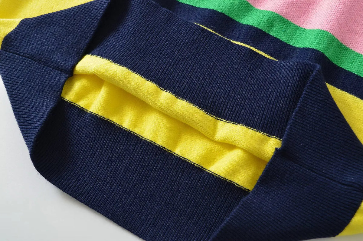 Women’s Striped Knitted Polo Shirt – Colorful Short Sleeve Summer Pullover Top