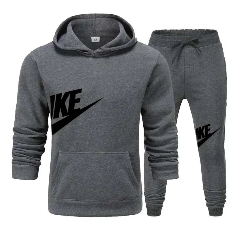 Men’s Autumn Winter Tracksuit Set – Printed Hooded Pullover & Loose Fit Pants
