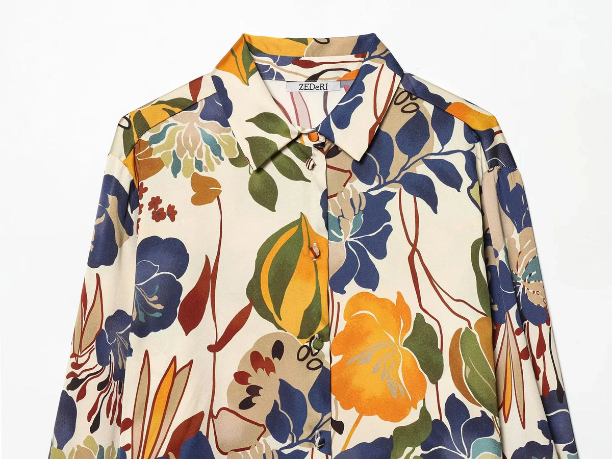 Women’s Printed Turn-Down Collar Blouse – Loose Fit Single-Breasted Shirt for Spring/Summer