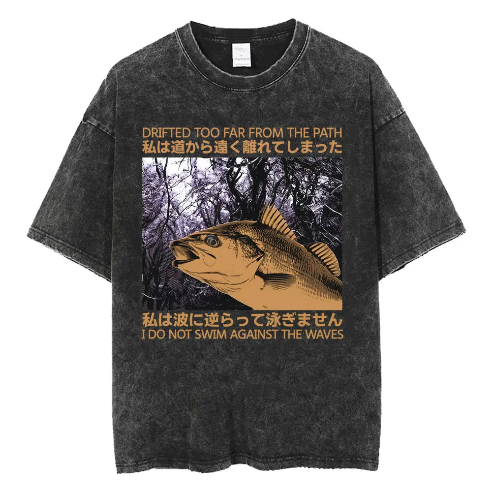 Unisex Japanese Fish Meme T-Shirt – Vintage Washed Oversized Tee | Harajuku Streetwear Graphic Top