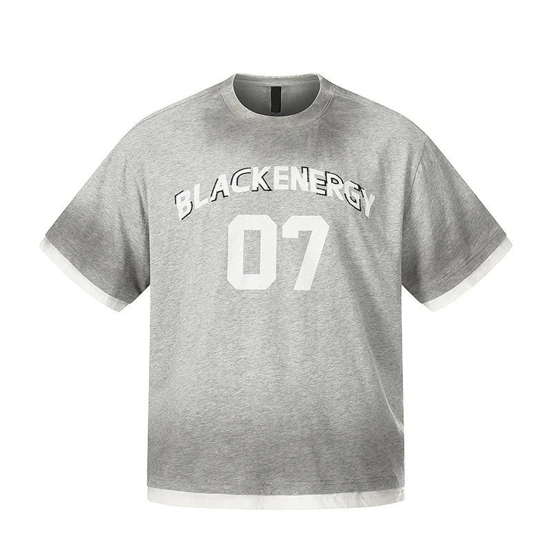 Men’s Retro Letter Print T-Shirt – Loose Fit Cotton Short Sleeve Fake Two-Piece Casual Tee