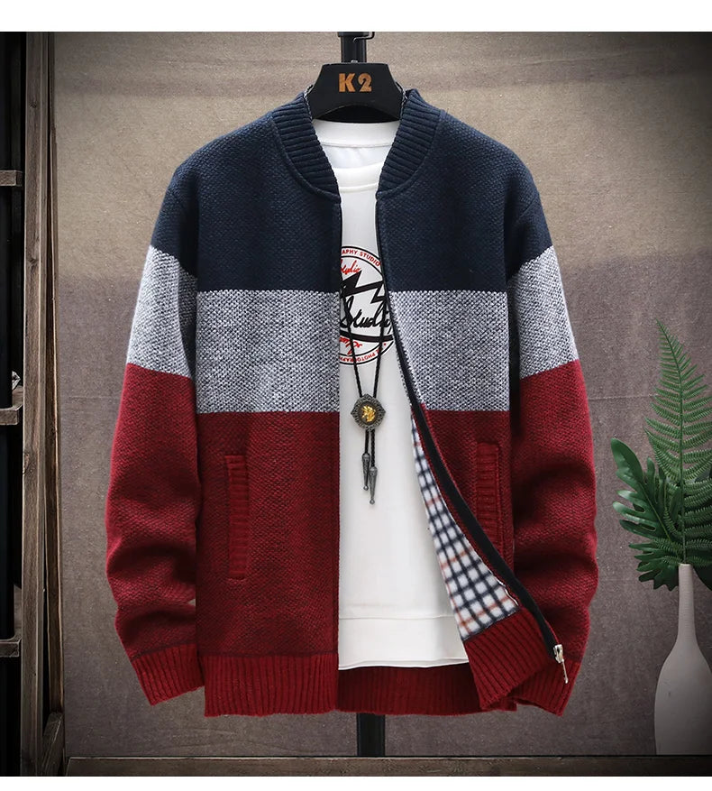 Men’s Winter Fleece Cardigan – Zipper Knit Sweater, Striped Casual Jacket