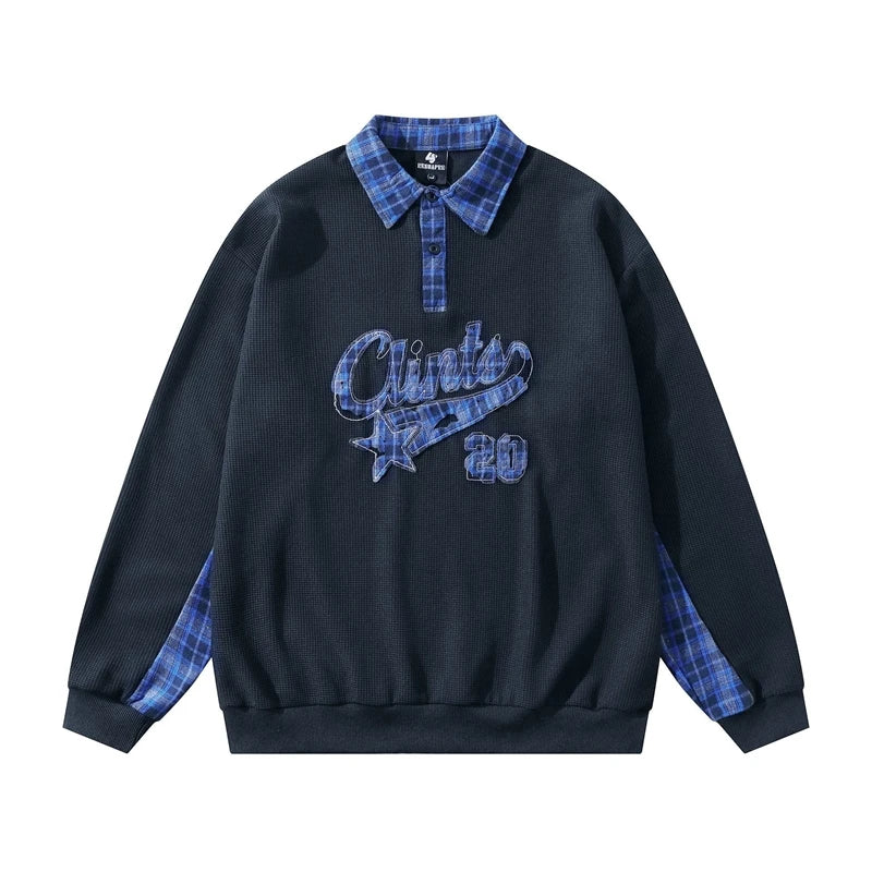Men’s Vintage Embroidered Polo Shirt – Plaid Collar Long Sleeve | Loose Fit Streetwear Top