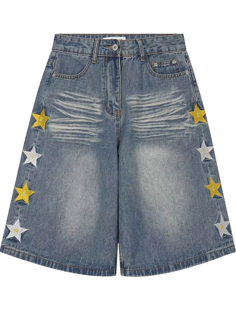 Men’s Star Graphic Baggy Jorts – Wide-Leg Denim Shorts | Y2K Vintage High-Street Streetwear