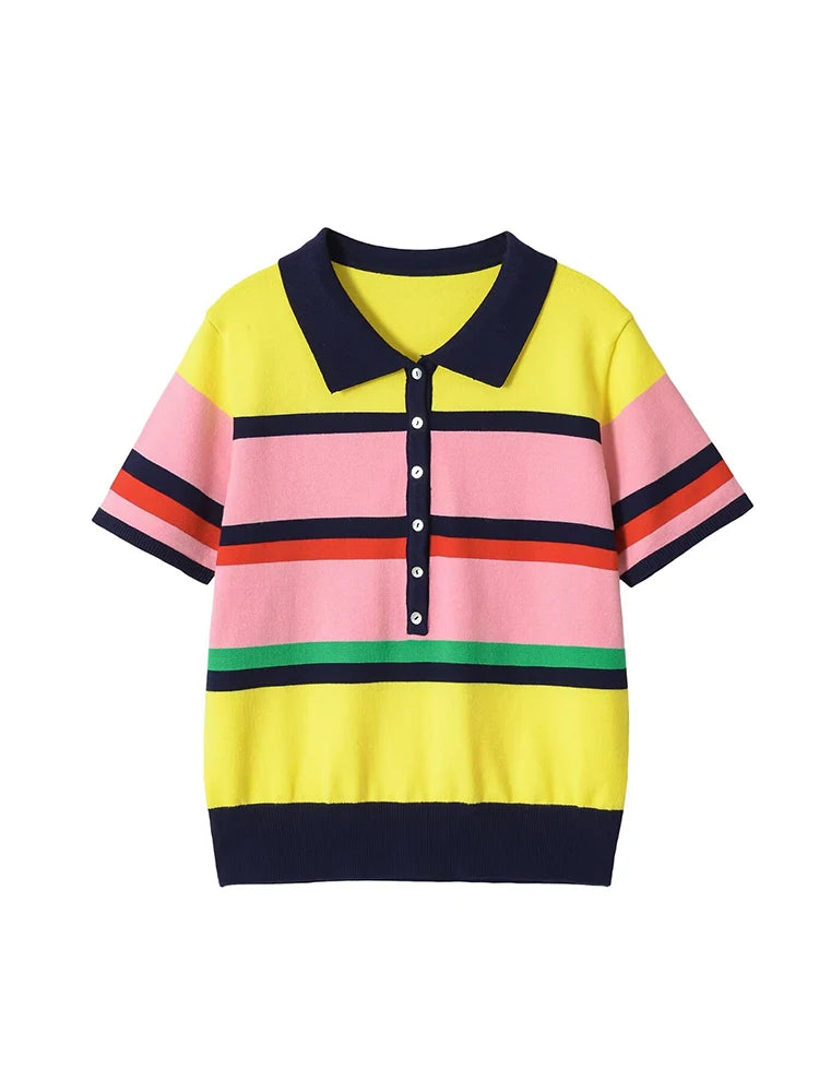 Women’s Striped Knitted Polo Shirt – Colorful Short Sleeve Summer Pullover Top