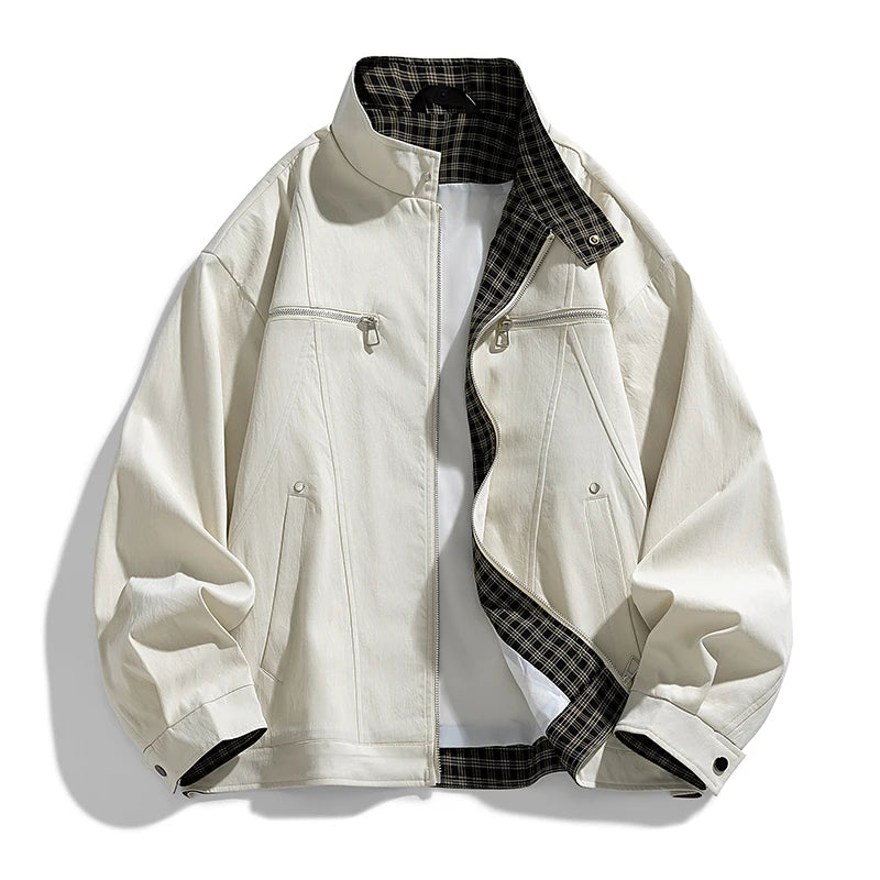 Men’s Stand Collar Jacket – Loose-Fit Solid Color Zip-Up Windbreaker, Casual Streetwear Outerwear