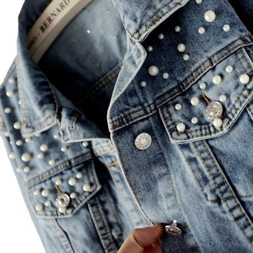 Women’s Beaded Denim Jacket – Loose Fit Embellished Winter Coat for Autumn & Winter