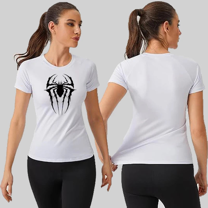 Women’s Spider Print Compression Shirt – Short Sleeve Athletic Top for Running, Gym & Yoga