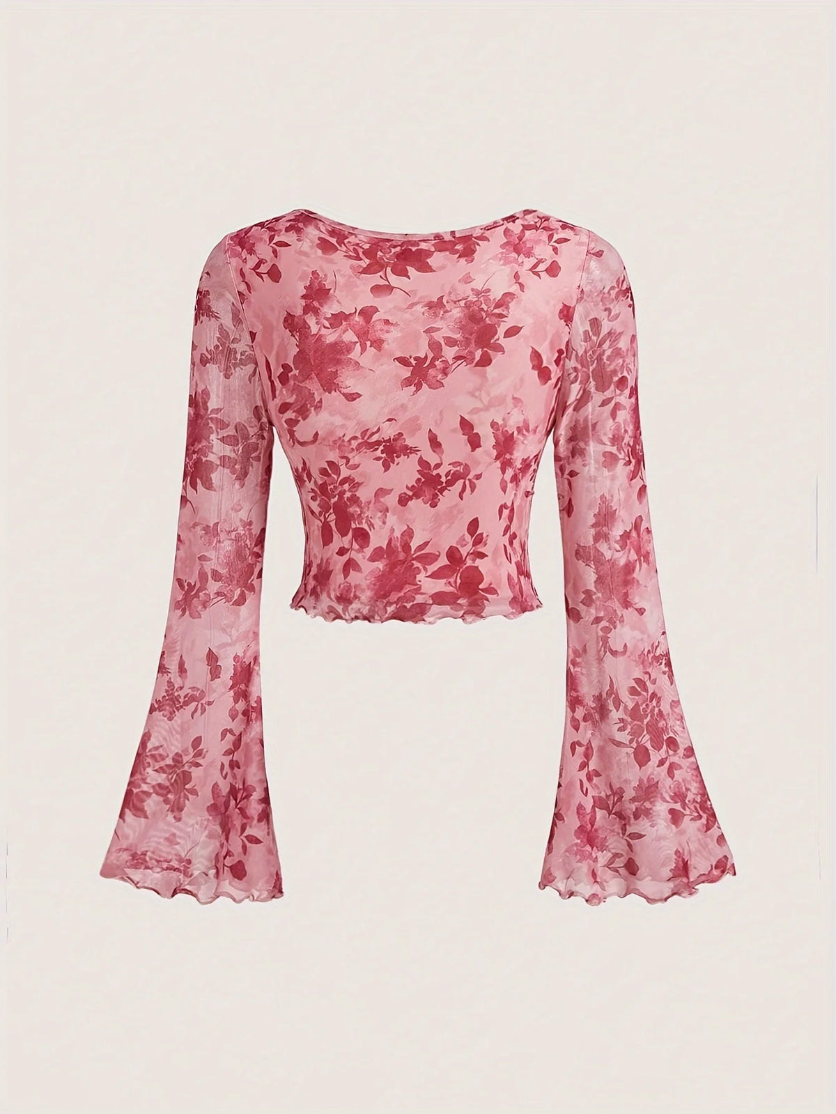 Women’s Y2K Floral V-Neck Top – Mesh Flare Sleeve Lace-Up Shirt