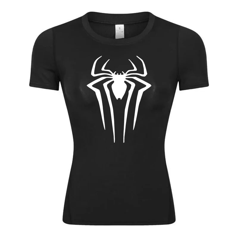 Women’s Spider Print Compression Shirt – Short Sleeve Athletic Top for Running, Gym & Yoga