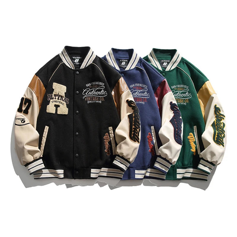 Men’s Embroidered Baseball Jacket – Casual Spliced Windbreaker Coat, Stylish Autumn Outdoor Streetwear Jacket