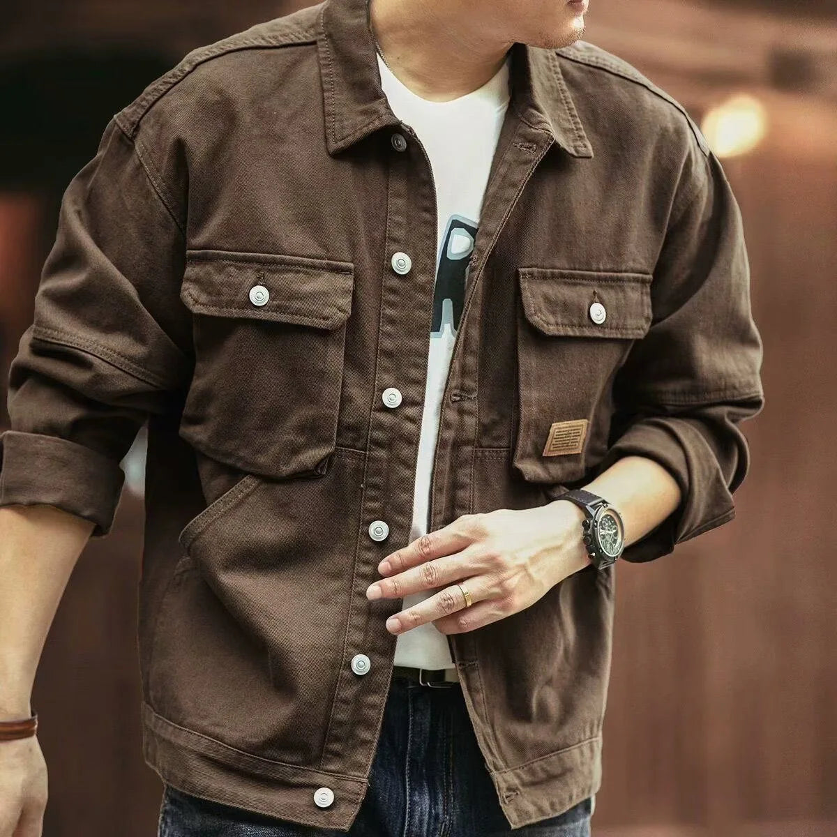Men's Casual Loose Fit Denim Jacket – Multi-Pocket Workwear Streetwear Top