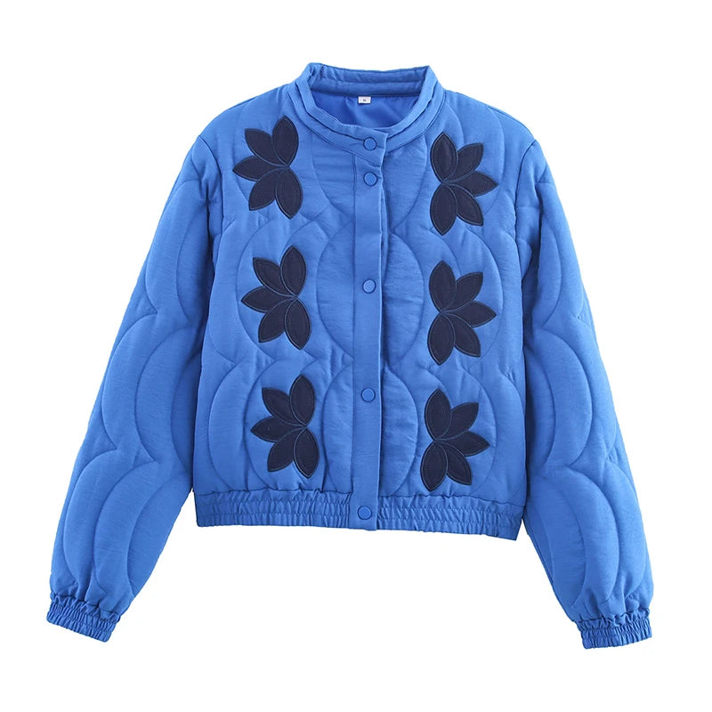 Women’s Vintage Quilted Jacket – Floral Embroidery Stand Collar Long Sleeve Casual Coat, Autumn Outerwear