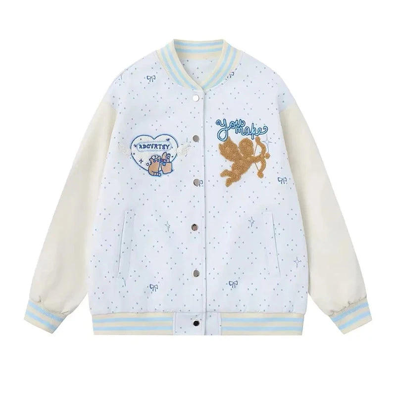 Embroidered Wings White Baseball Jacket Women Loose Lazy Casual Sweet Coat Long Sleeve Fall Winter Polka Dot Korean Outwear