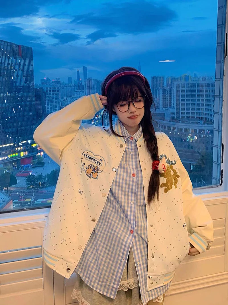 Embroidered Wings White Baseball Jacket Women Loose Lazy Casual Sweet Coat Long Sleeve Fall Winter Polka Dot Korean Outwear