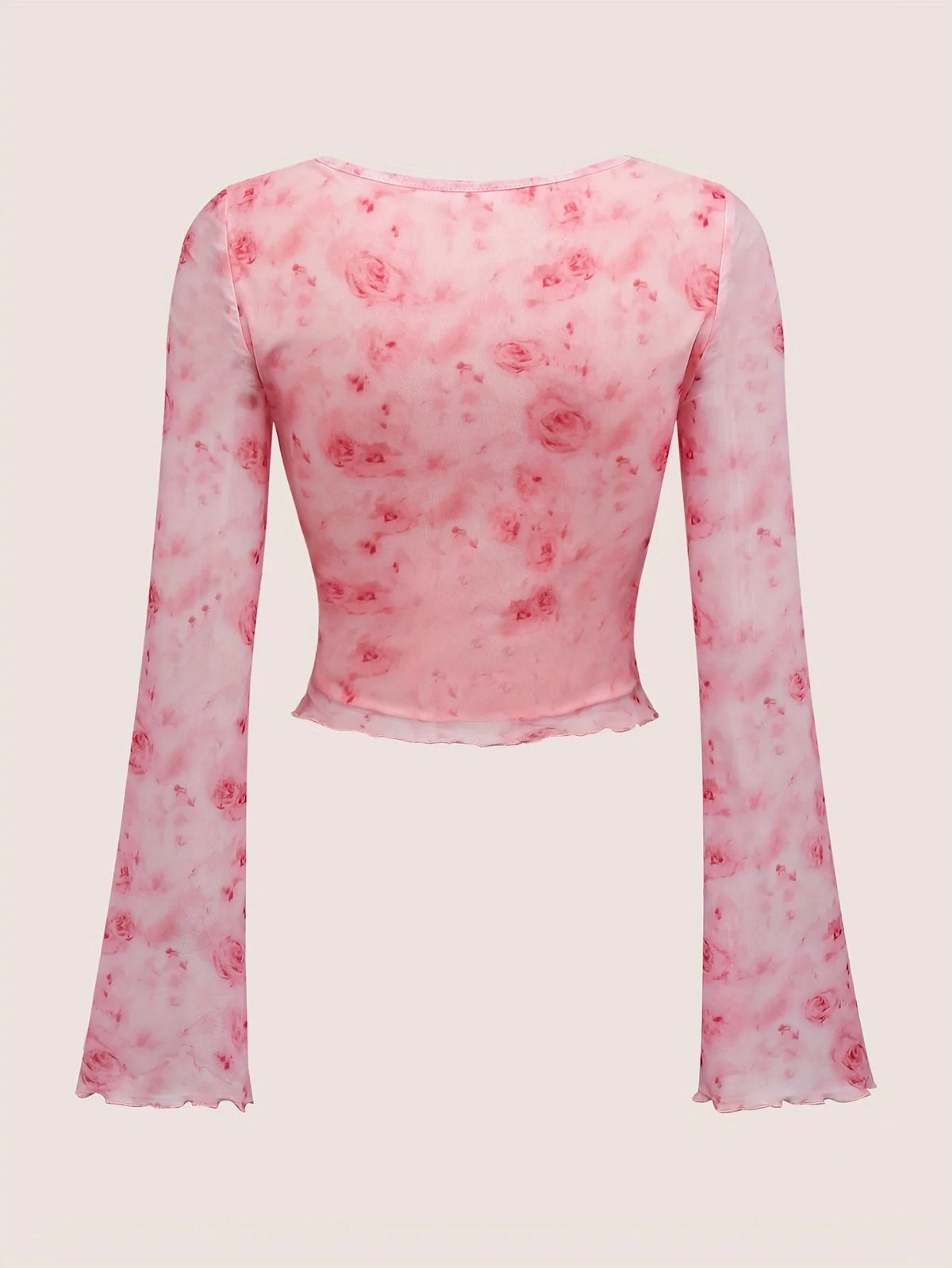 Women’s Y2K Floral V-Neck Top – Mesh Flare Sleeve Lace-Up Shirt