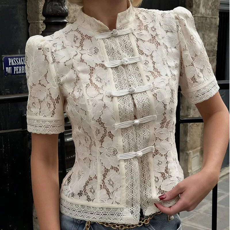 Women’s Summer Lace Blouse – Vintage Floral Printed Hollow Out See-Through Top, Elegant Short Sleeve Casual Shirt for Ladies