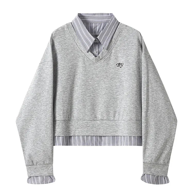 Women’s Stripe Patchwork Sweatshirt – Loose Fit Shirt Collar Fake Two-Piece Casual Top