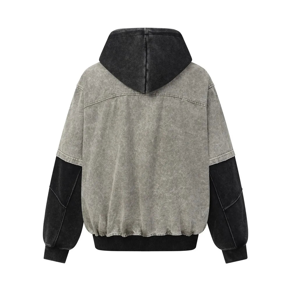 Unisex Oversized Distressed Hoodie – Washed Color Block Goth Grunge Zip-Up Sweatshirt, Y2K Streetwear Top