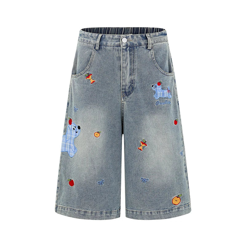 Women’s Retro Dog Embroidery Wide-Leg Jeans – High-Waist Loose Denim Pants | Vintage Summer Streetwear