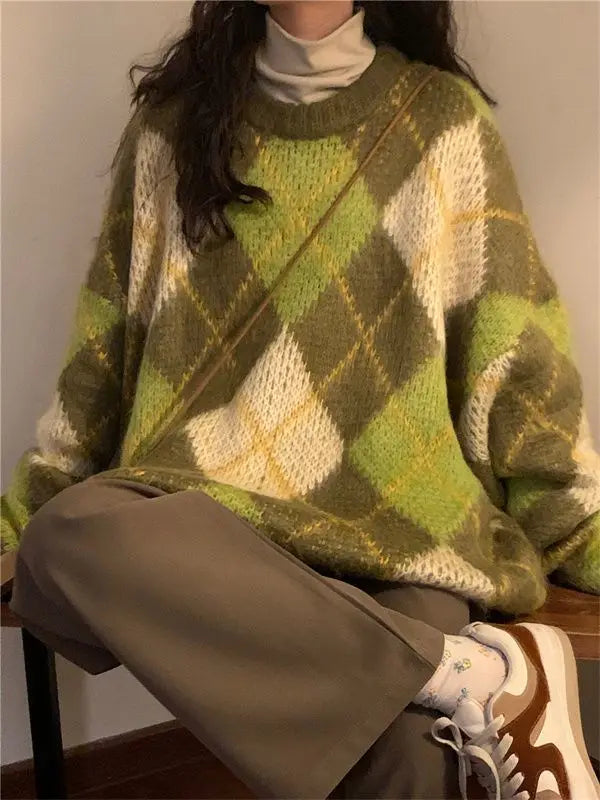 Women's Retro Argyle Pullover Sweater – Harajuku BF Style Oversized Knit