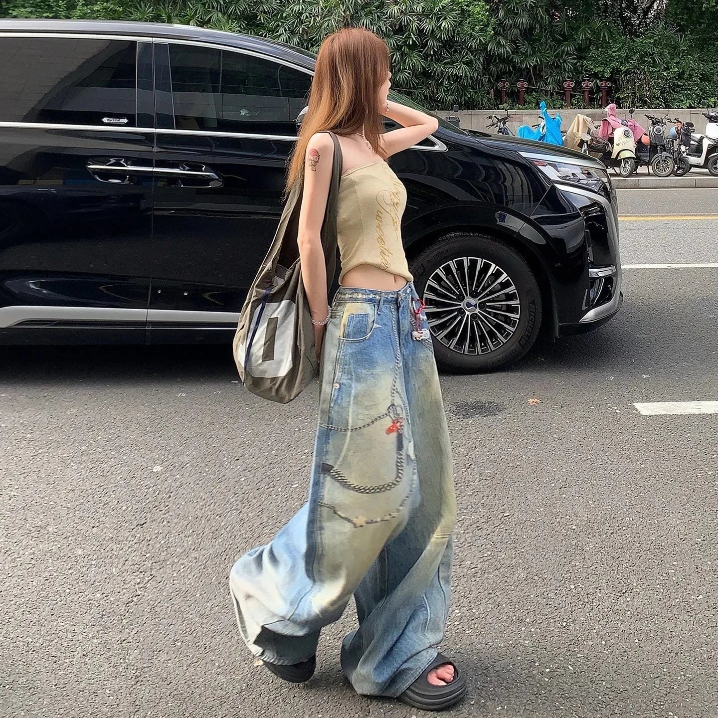 Mary's American Retro 3D Printed Chain Design Loose Wide Leg Denim Jeans