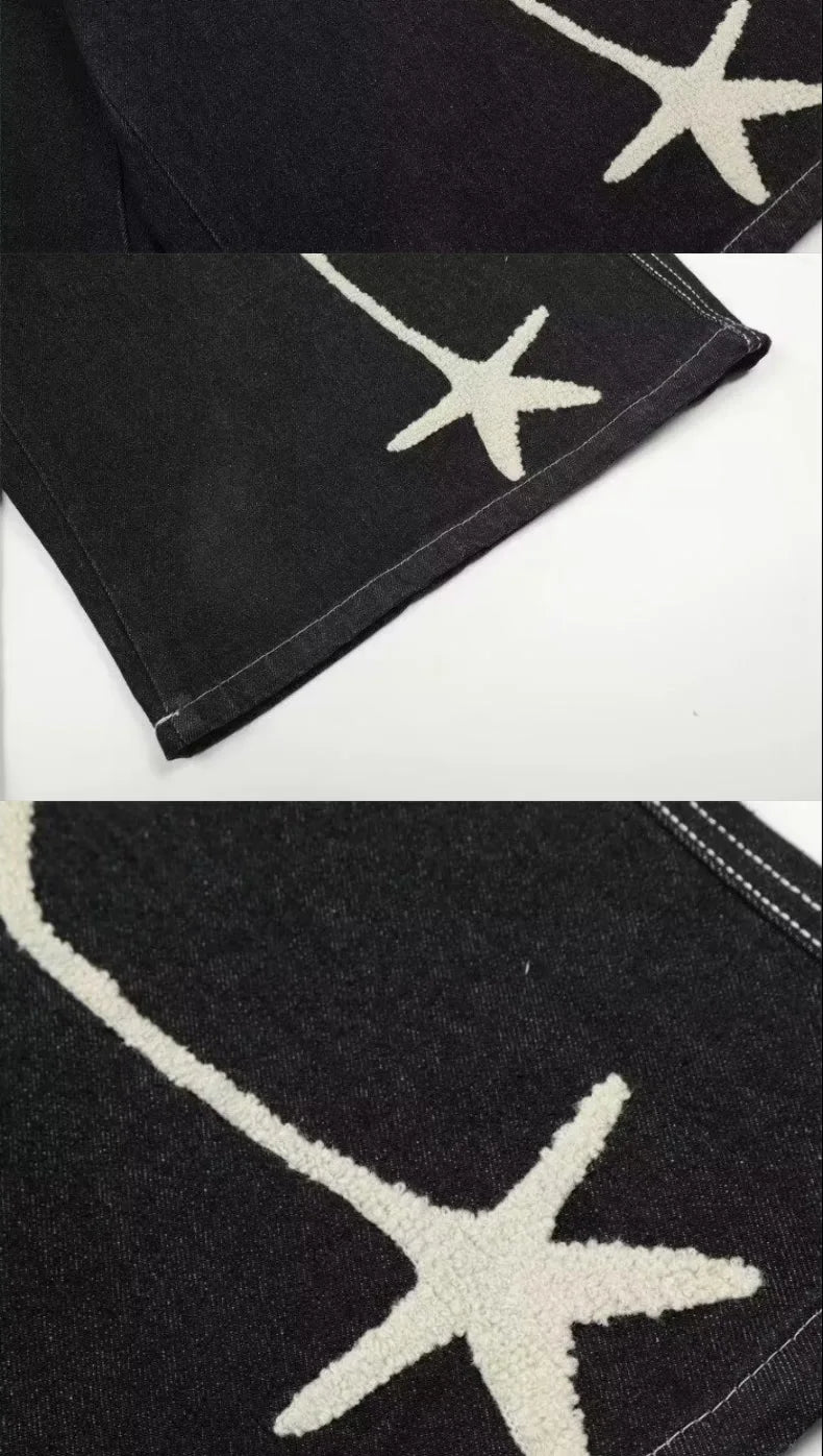 Unisex Retro Star Embroidered Denim Shorts – Loose Straight-Leg Casual 5/4 Jeans