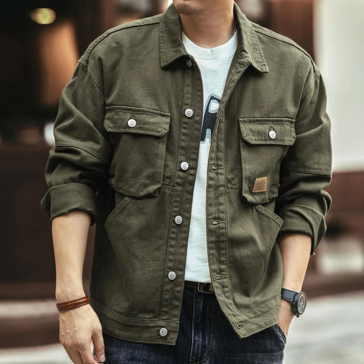Men's Casual Loose Fit Denim Jacket – Multi-Pocket Workwear Streetwear Top