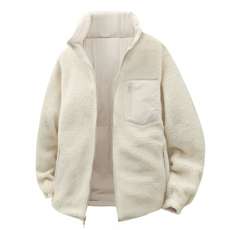Men’s Double-Sided Lambskin Winter Jacket – Thick Cotton-Padded Warm Outdoor Coat, Reversible Cold-Weather Jacket