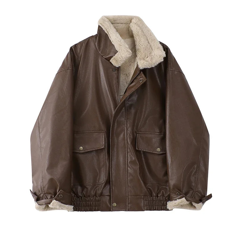 Women’s Faux Leather Fur-Lined Jacket – Warm Thick Vintage Motorcycle Coat, Long Sleeve Lapel Winter Outerwear