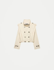 Women’s Vintage Cropped Trench Coat – Double-Breasted Stand Collar Streetwear Jacket