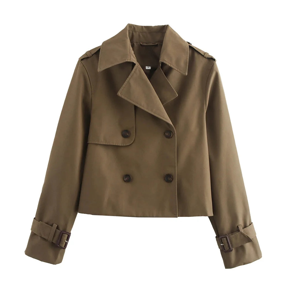 Women’s Vintage Cropped Trench Jacket – Double-Breasted Long Sleeve Streetwear Coat, Chic Spring & Autumn Outerwears