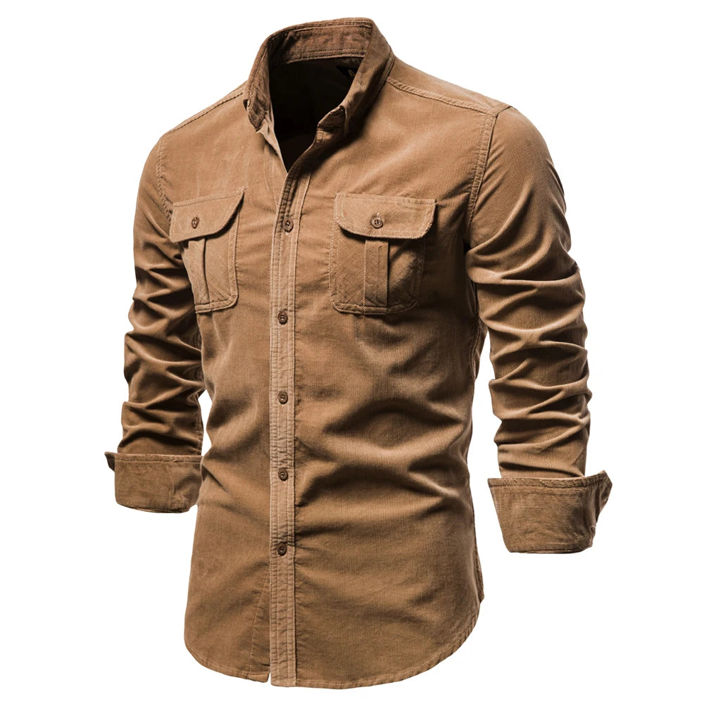 Men’s 100% Cotton Corduroy Shirt – Slim Fit Single-Breasted Casual Shirt