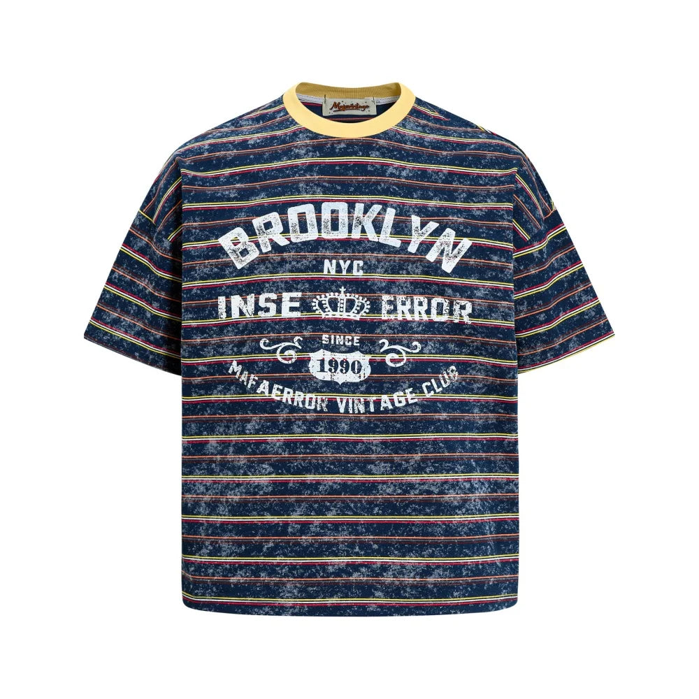 Men’s Retro Letter Print T-Shirt – Contrast Striped Cotton Crew Neck Tee