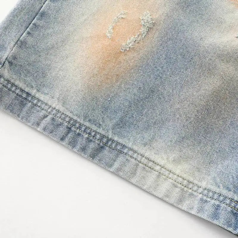 IEFB Men’s Distressed Denim Shorts – Contrast Color Washed Knee-Length Wide-Leg Shorts, Summer Streetwear Jeans