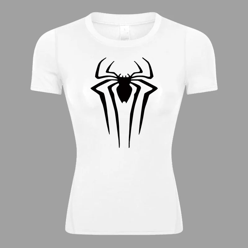Women’s Spider Print Compression Shirt – Short Sleeve Athletic Top for Running, Gym & Yoga