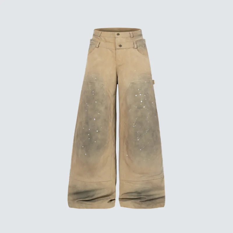 PFNW Men’s Splatter Paint Workwear Jeans – Double-Waist Distressed Washed Loose-Fit Denim | American Streetwear