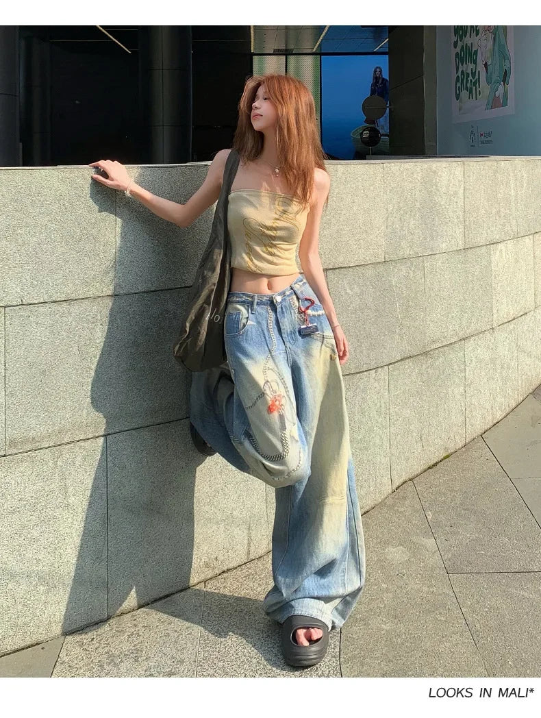 Mary's American Retro 3D Printed Chain Design Loose Wide Leg Denim Jeans