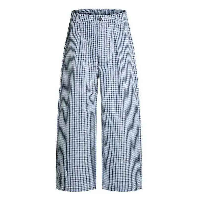Men’s Gingham Wide-Leg Trousers – European Casual Half-Elastic Waist Pants | Minimalist Streetwear