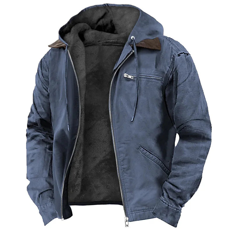 Men’s Fleece-Lined Hooded Jacket – Warm Winter Casual Zipper Coat with Multi Pockets