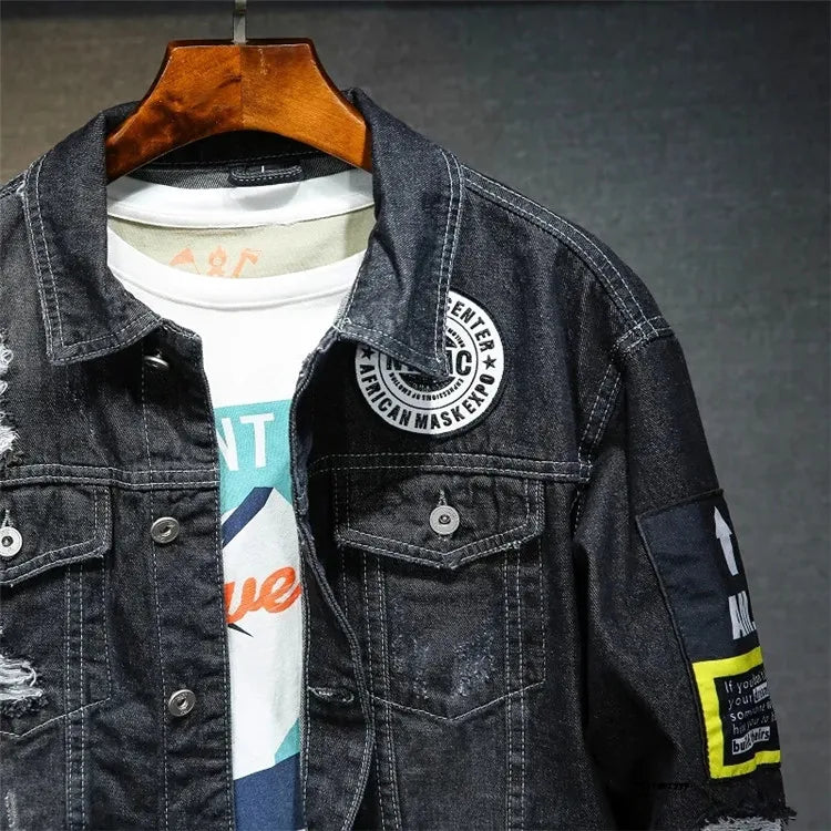 Men Brand Denim Jacket Streetwear Punk Motorcycle Ripped Male Jeans Outwear